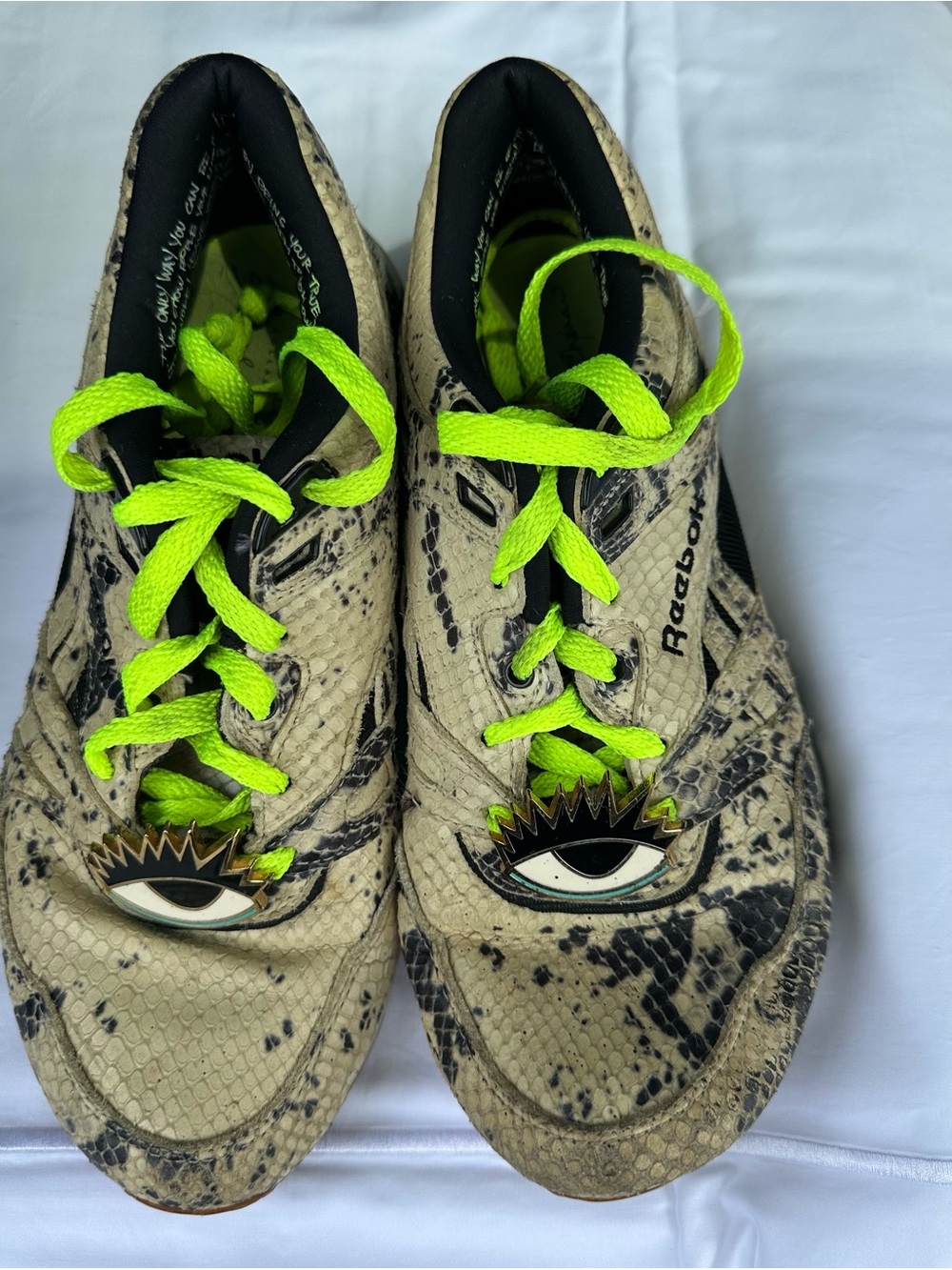 Reebok Tan and Black Snake-Print Sneakers with Neon Green Laces